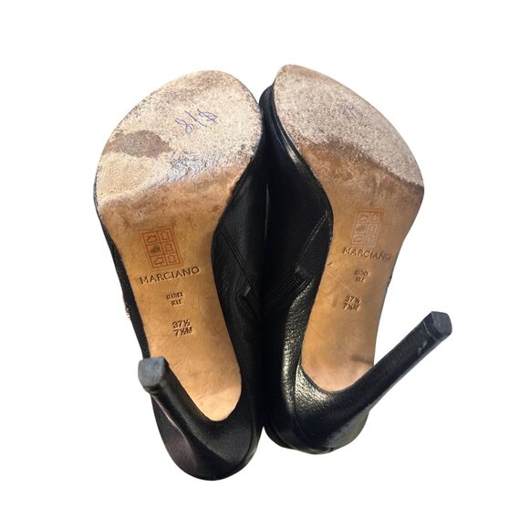 Marciano Womens Black Leather Peep-Toe High-Heel Ankle Booties With Gold Buckle - Picture 6 of 8